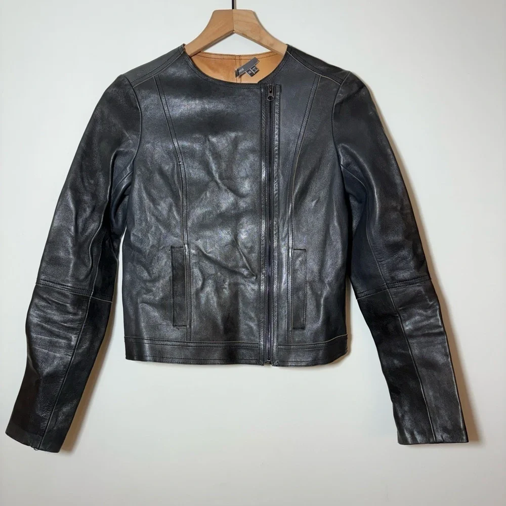 $995 Vince Black Zip Cross Front Leather Jacket Sz XS